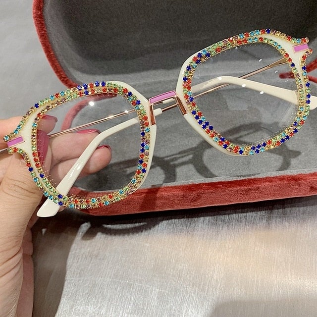 Rhinestone Decoration Vintage Clear Lens Square Eyeglasses