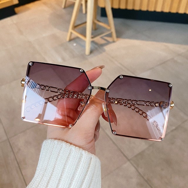Vintage Alloy Chain Frame Rivet Square Sunglasses