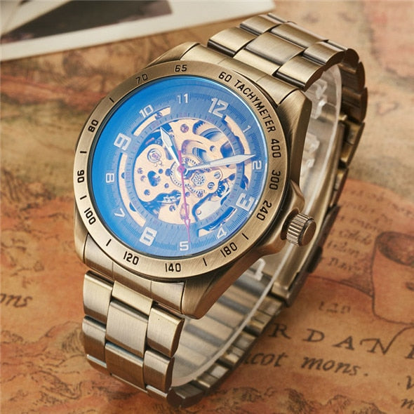 Retro Style Men Automatic Mechanical Watch Skeleton Steampunk Genuine Leather Band Mens Self Winding Wrist Watches