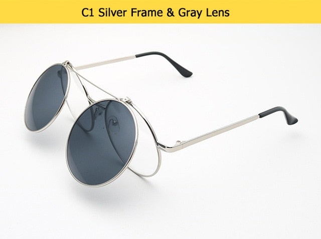 Flip Up Clamshell Classic Round Design Retro Sunglasses