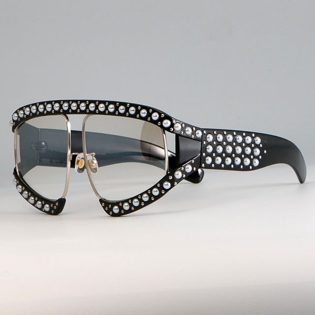 Pearl Glass Frame Mirror Oversize Visor Sunglasses