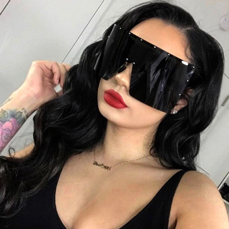 Oversized Crystal One Piece Flat Top Rimless Mask Sunglasses